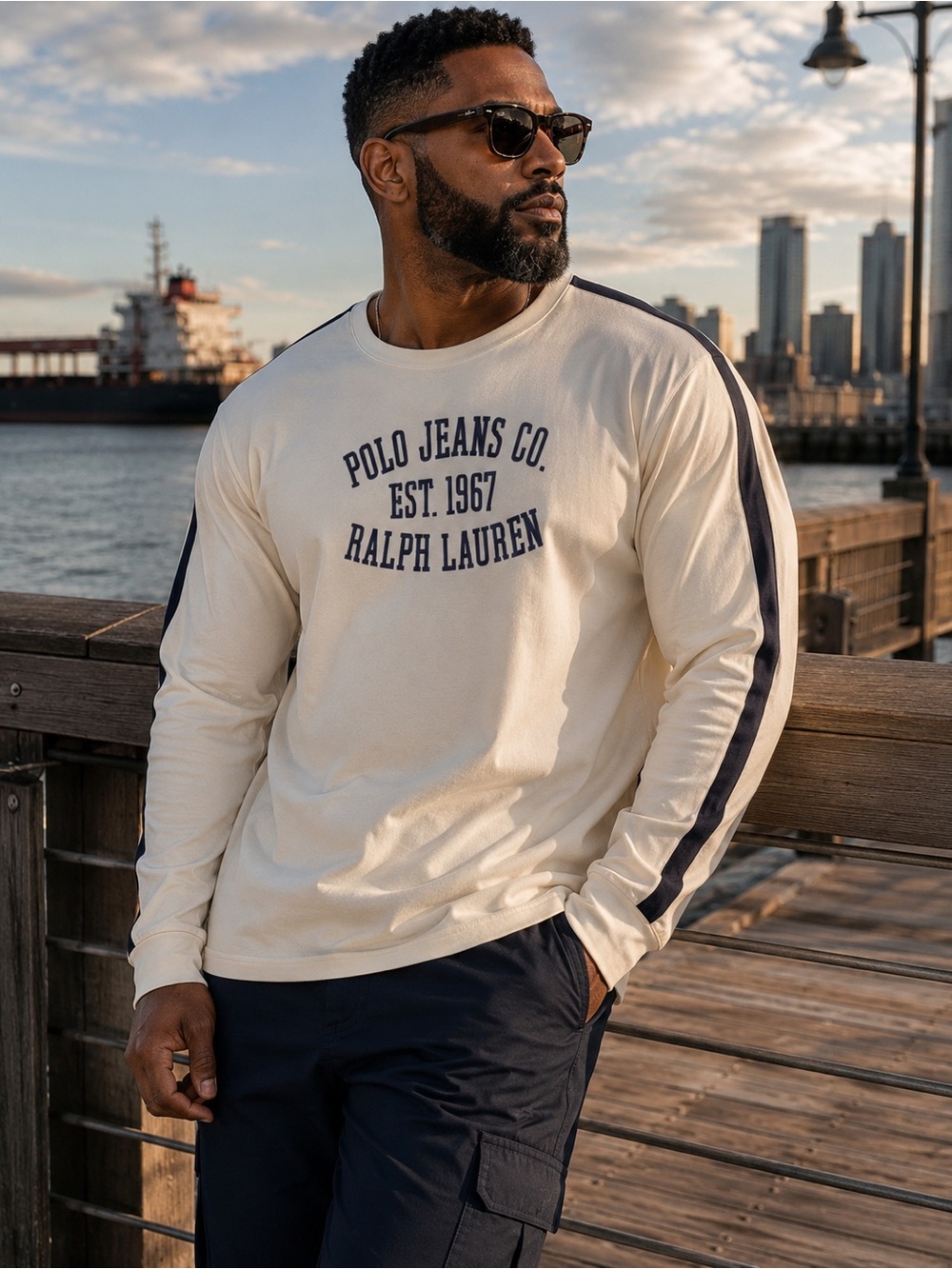 Ralph Lauren Cream Long-Sleeve Shirt with Navy Stripes